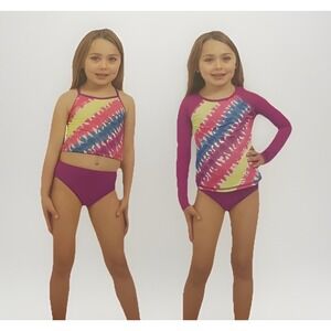 Lands' End 3 Piece Swim Set Girls Size 2T Purple Geometric UPF 50 Quick Dry